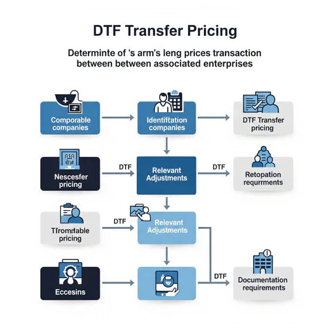 DTF Transfer Pricing workflow diagram showing comparable companies, relevant adjustments, documentation requirements, and transfer pricing steps between associated enterprises.
