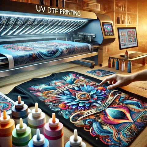 UV DTF printing machine producing a colorful textile design with ink bottles and detailed printed artwork.