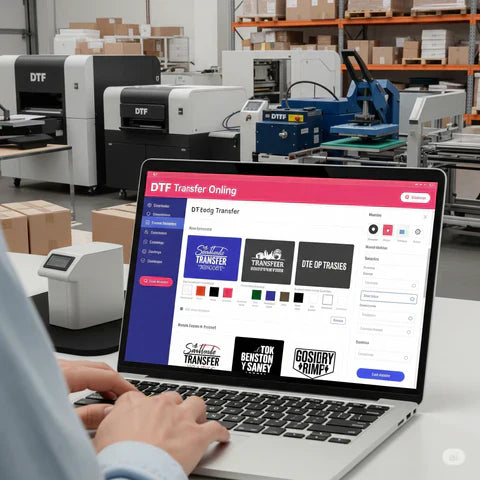 Laptop screen showing a DTF transfer ordering platform in a production workshop with printing machines.