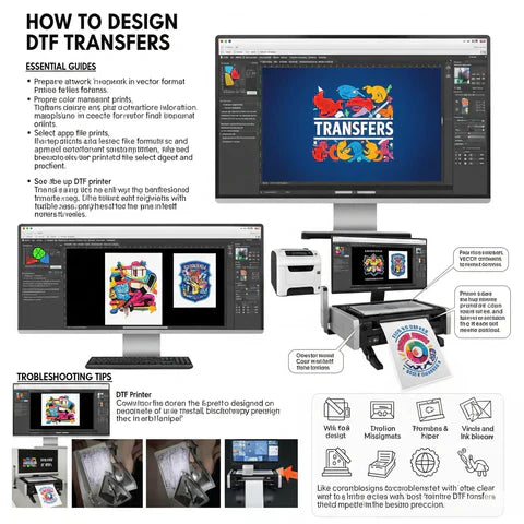 DTF transfer design guide showing artwork preparation, printing setup, export tips, and troubleshooting steps.