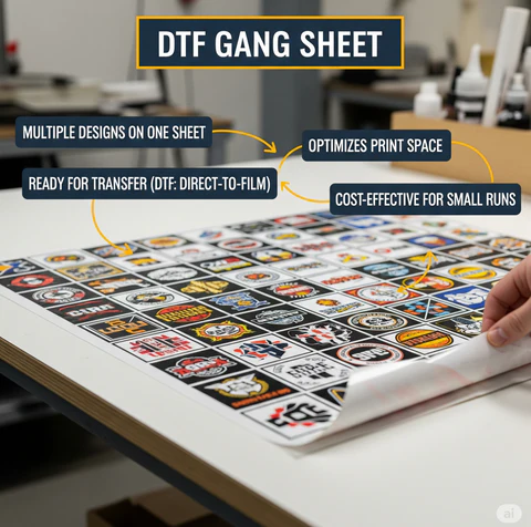 DTF gang sheet showing multiple colorful designs arranged on one print sheet, optimized for space and ready for transfer.