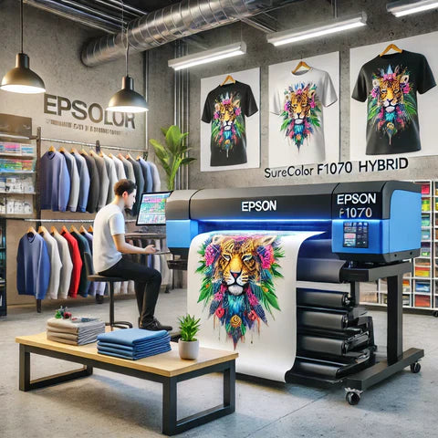 Epson SureColor F1070 hybrid printer producing a colorful tiger design on transfer film, with custom printed t-shirts displayed in a modern print shop.