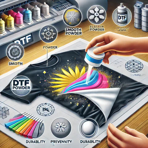 Close-up of DTF powder being applied to a colorful transfer print on black fabric, highlighting smooth finish, durability, and vibrant print quality.