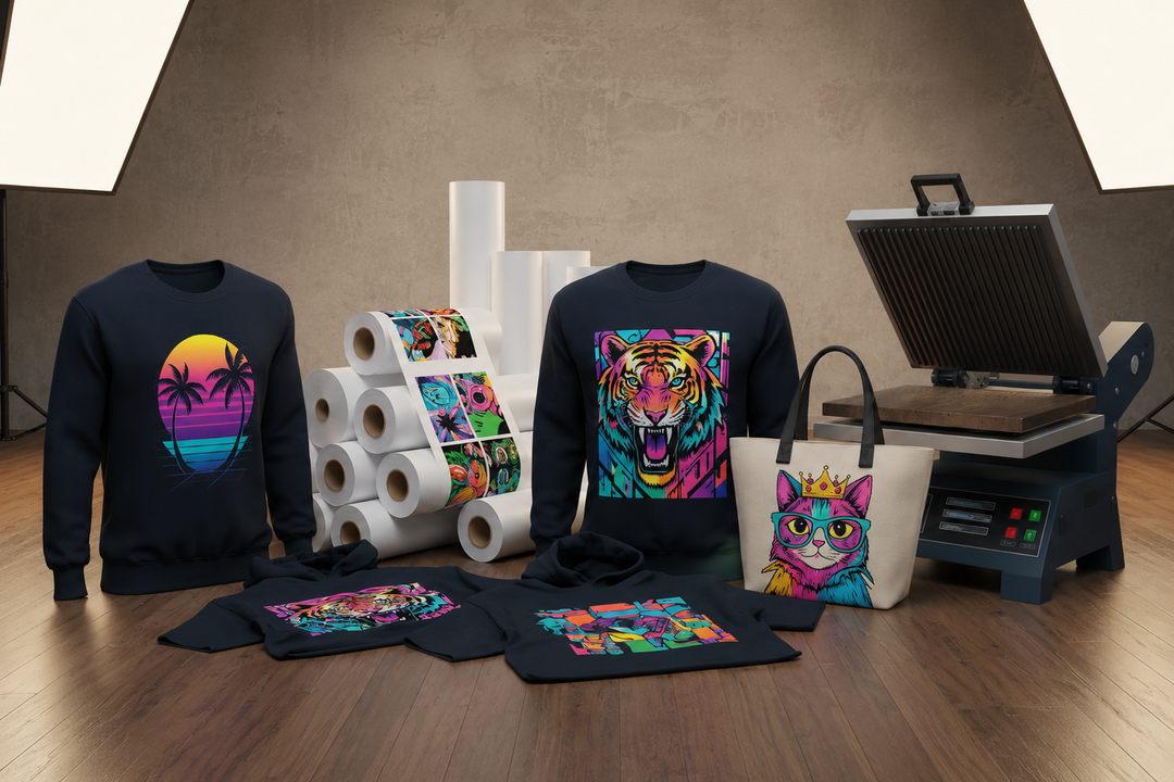 Studio setup with custom DTF printed apparel, transfer film rolls, a tote bag, and a heat press machine.