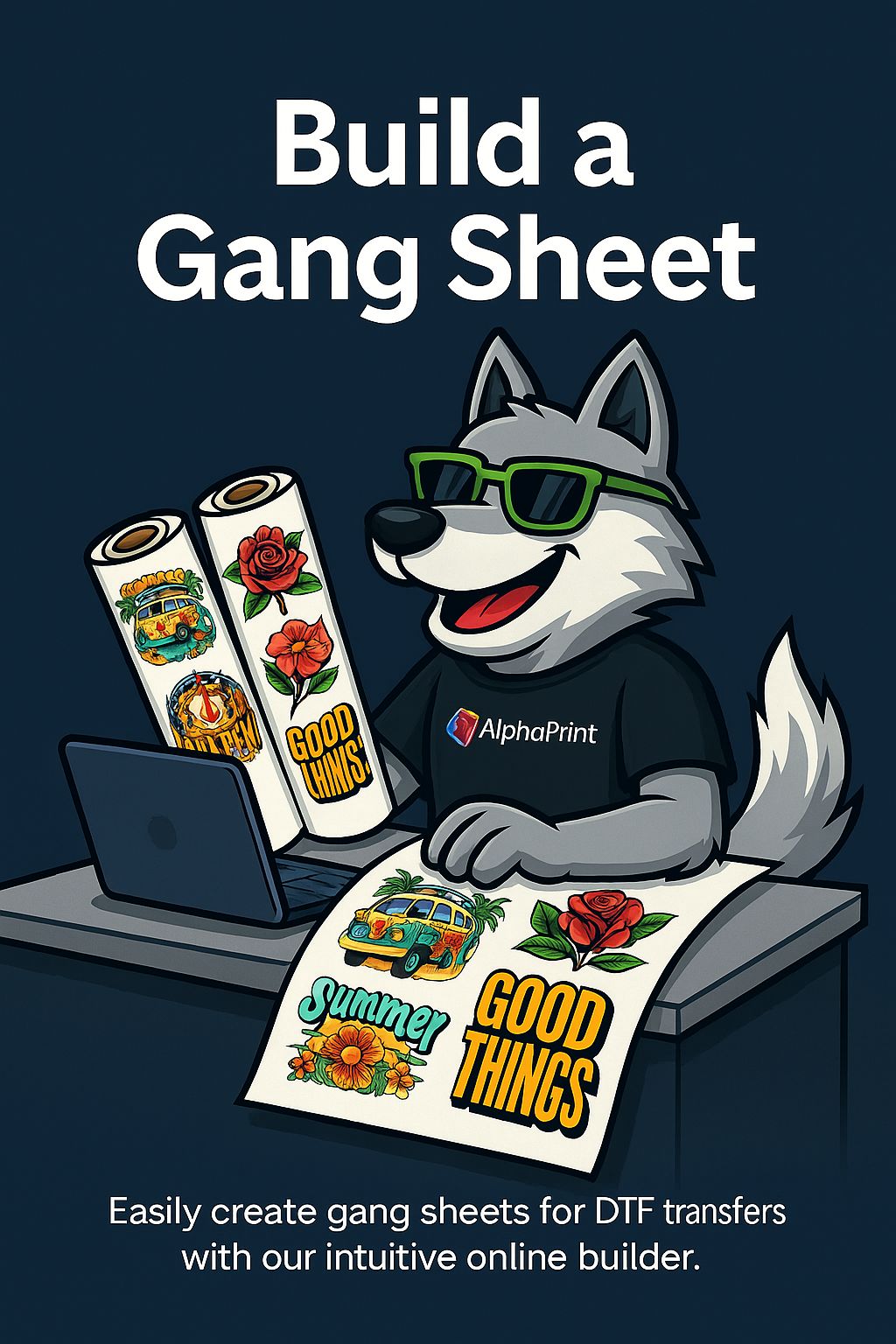Cartoon wolf at laptop with gang sheet DTF transfer rolls and vibrant designs, promoting custom DTF transfers.