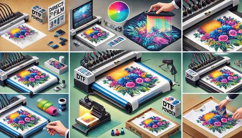 Step-by-step DTF printing process with floral designs, printer, powders, and transfer sheets.