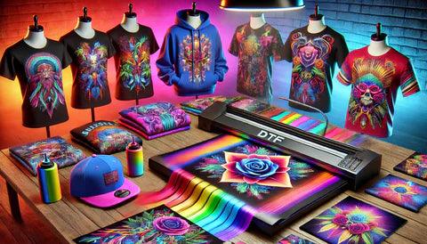 Vibrant DTF transfer prints on t-shirts, caps, and sheets, showcasing bright, colorful designs.