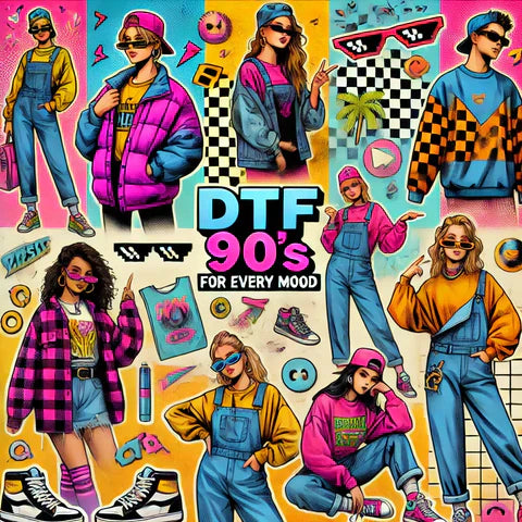 Vibrant collage of 90s DTF transfer designs featuring colorful retro costumes and accessories.