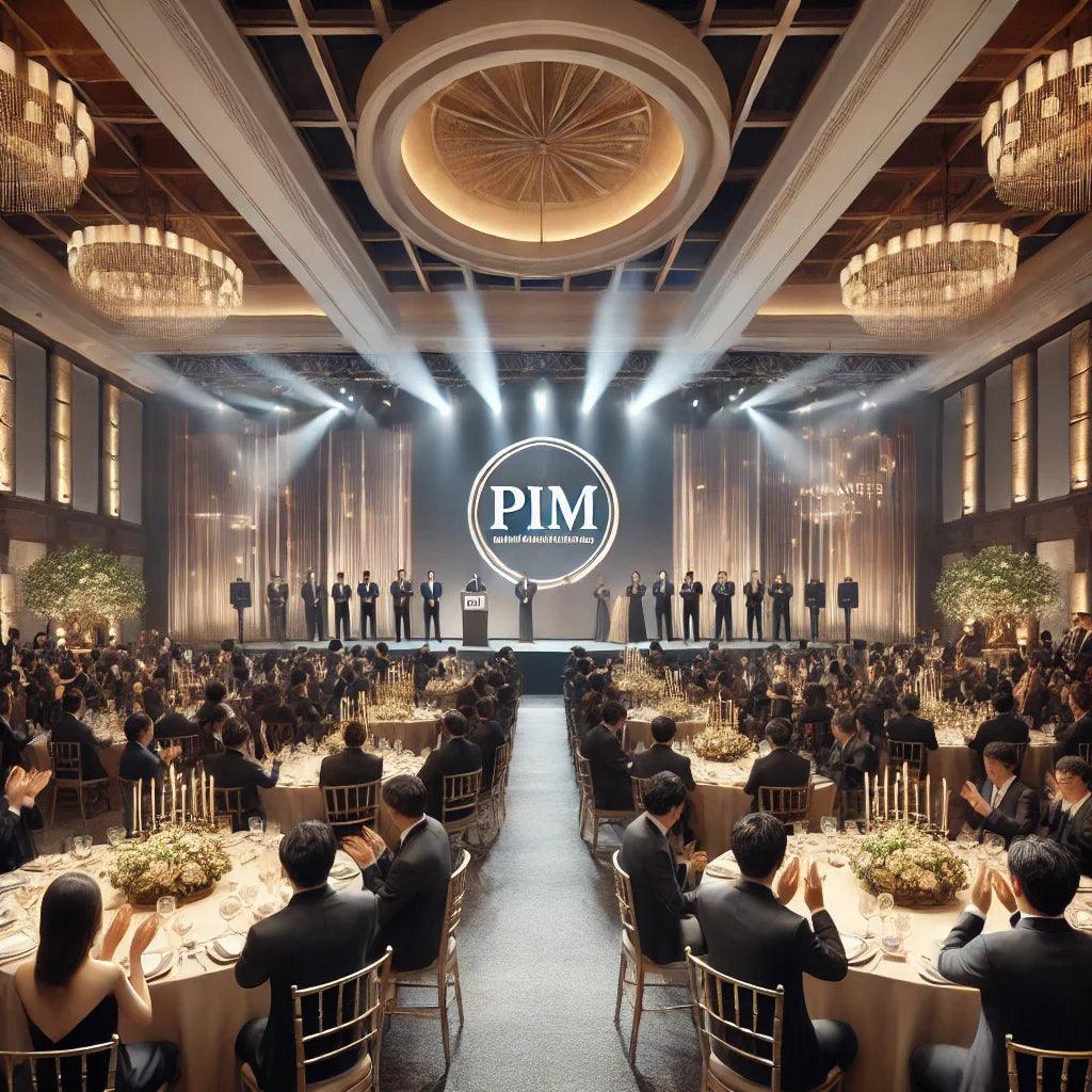 Elegant formal banquet hall with round tables, stage, podium, and awards ceremony event.