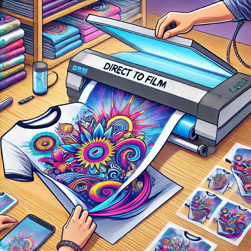 Direct to Film DTF printer applying a vibrant, colorful design onto a T-shirt