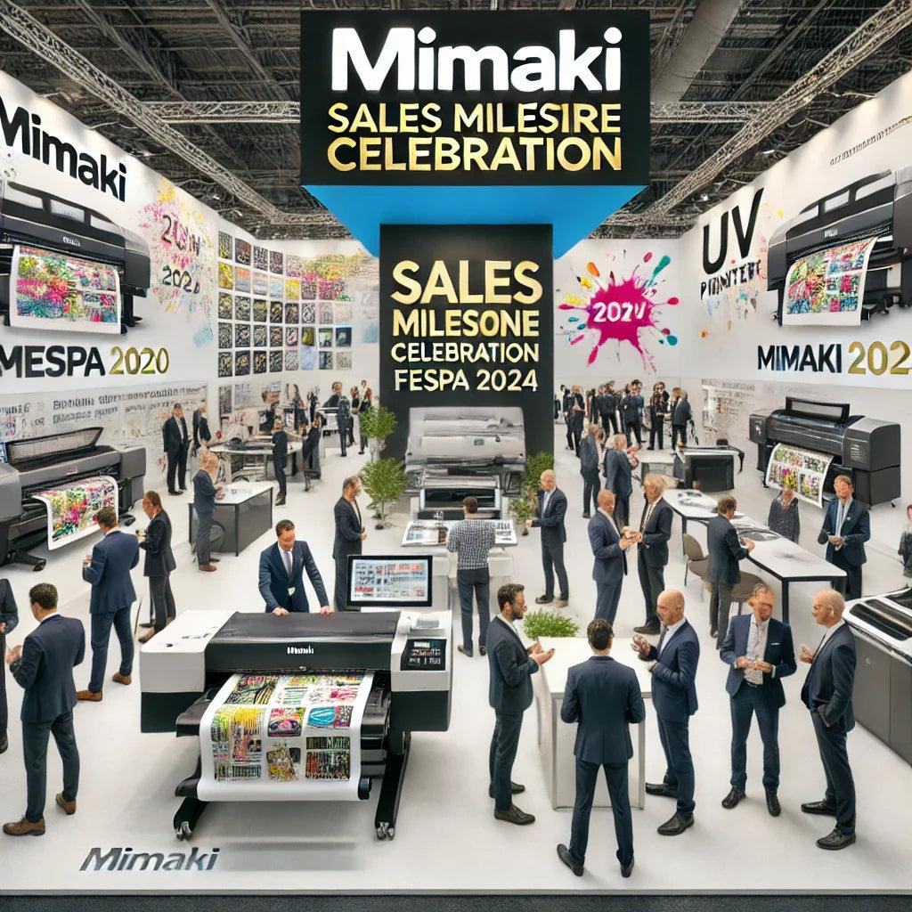 Mimaki booth at FESPA 2024 showcasing large format printers and sales milestone celebration.