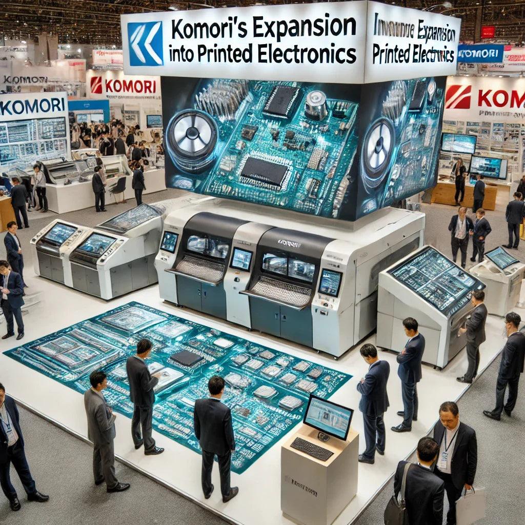 Trade show booth with advanced Komori print technology and large printed circuit graphics