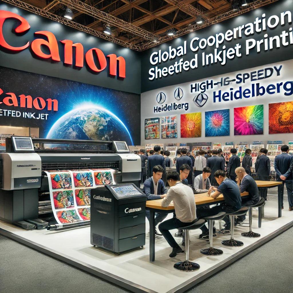 Modern sheetfed inkjet printing press display with Canon and Heidelberg, vibrant samples, people viewing
