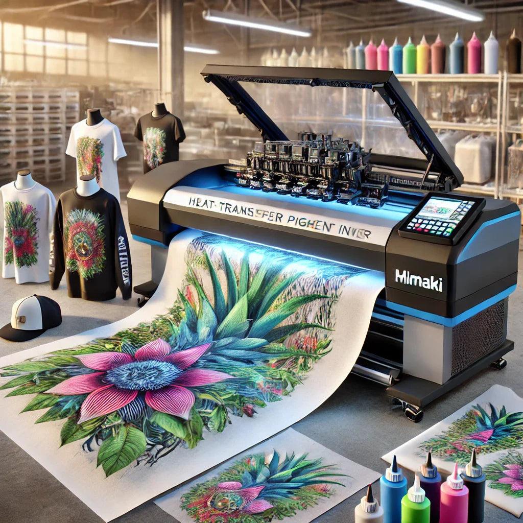 Direct-to-film printer creating vibrant floral transfers for t-shirts and apparel in a workshop