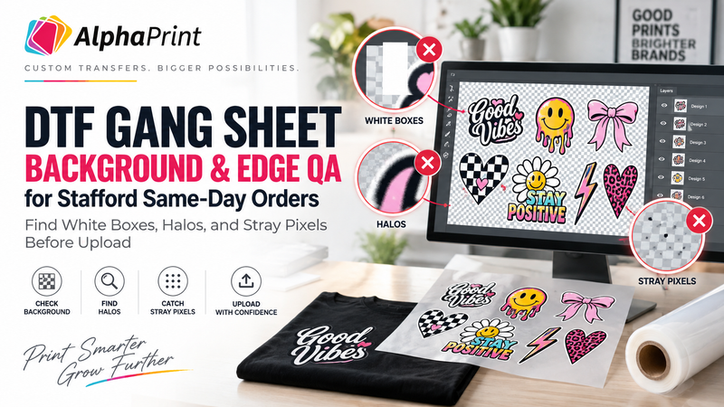 DTF Gang Sheet Background & Edge QA for Stafford Same-Day Orders: Find White Boxes, Halos, and Stray Pixels Before Upload