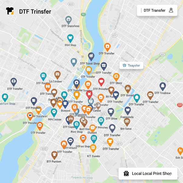 City map with icons marking DTF transfer and print shop locations.