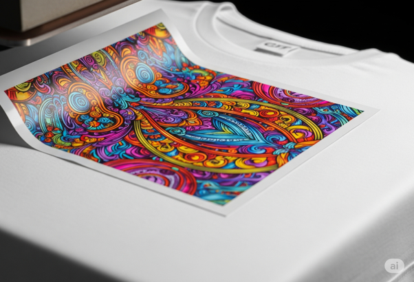 Colorful DTF transfer with vibrant abstract pattern applied to a white T-shirt.