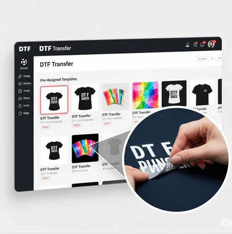 DTF transfer website interface and close-up of hand applying DTF transfer to fabric