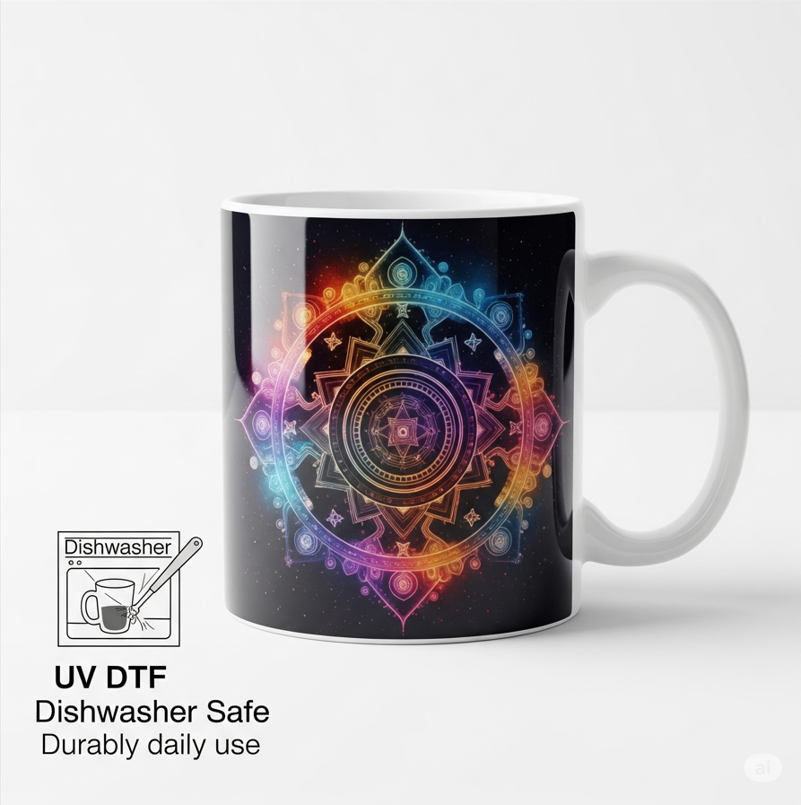 White mug with vibrant UV DTF mandala design, labeled dishwasher safe, for durable daily use.