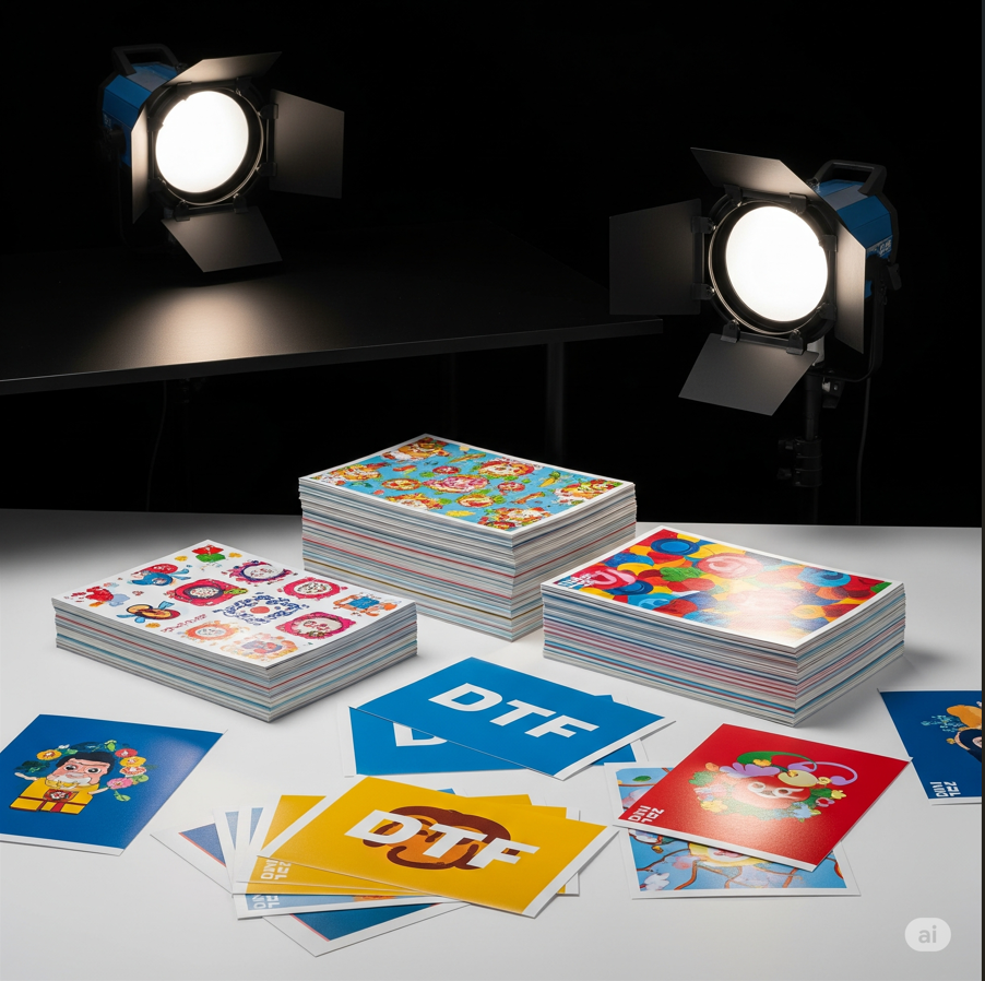 Colorful DTF transfer sheets and gang sheets displayed under studio lighting for printing