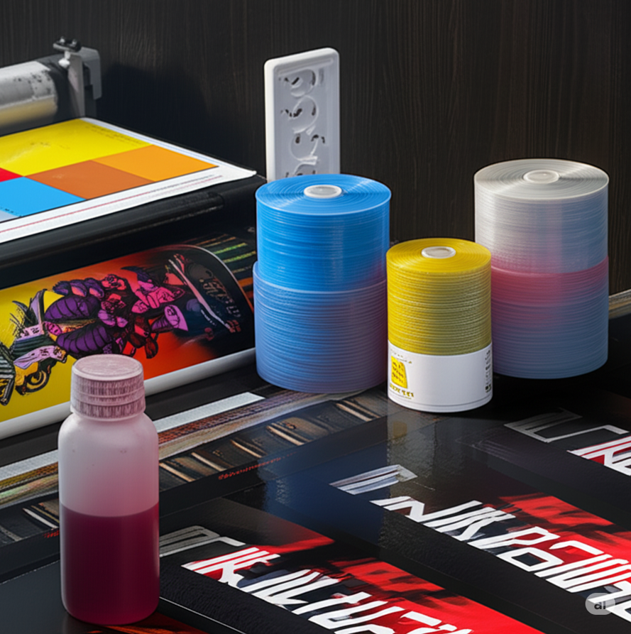 DTF transfer film rolls, vibrant color print samples, and ink bottle for printing