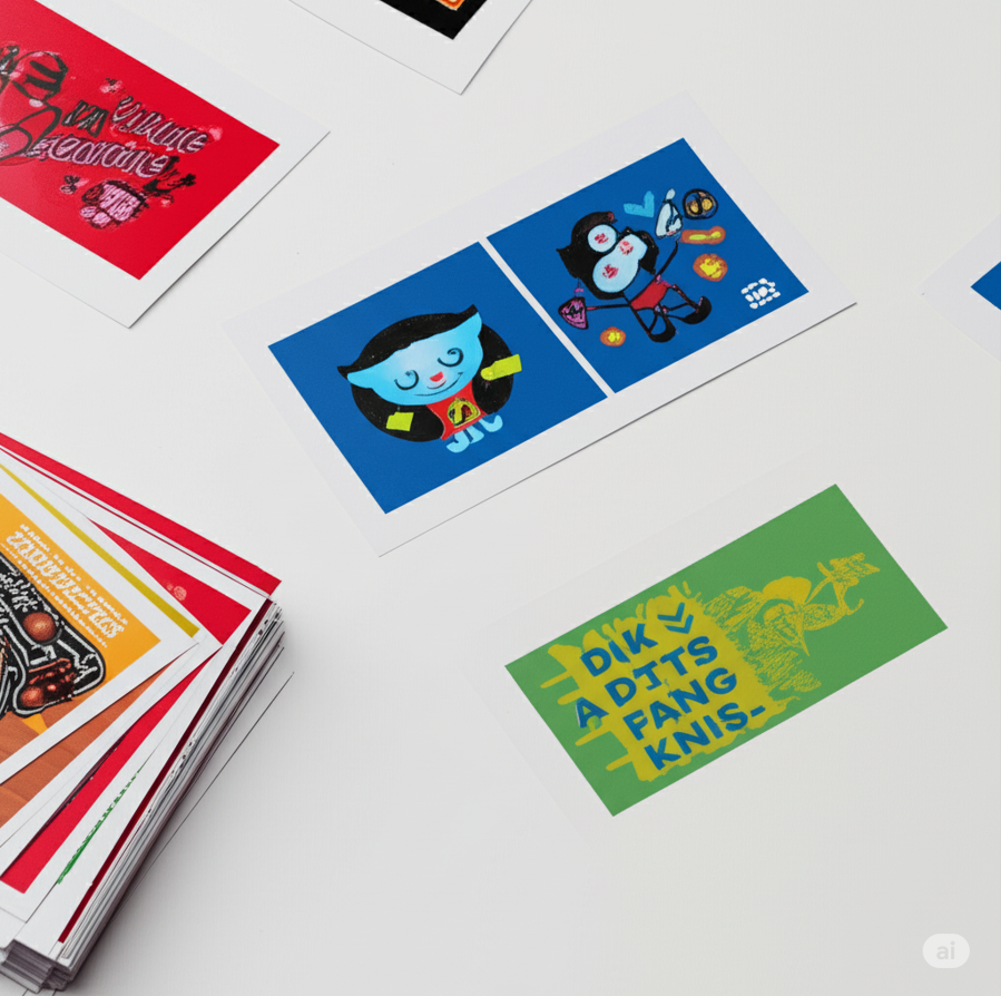 Colorful custom DTF transfer sheets with cartoon graphics and printed designs on white table