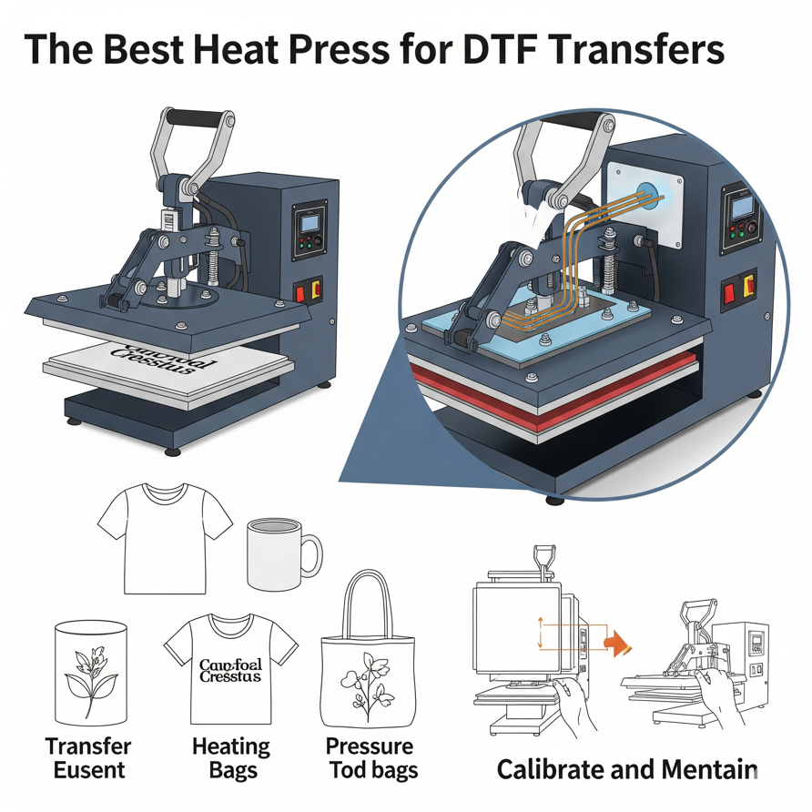 Heat press machine for DTF transfers with application icons for T-shirts, mugs, and bags