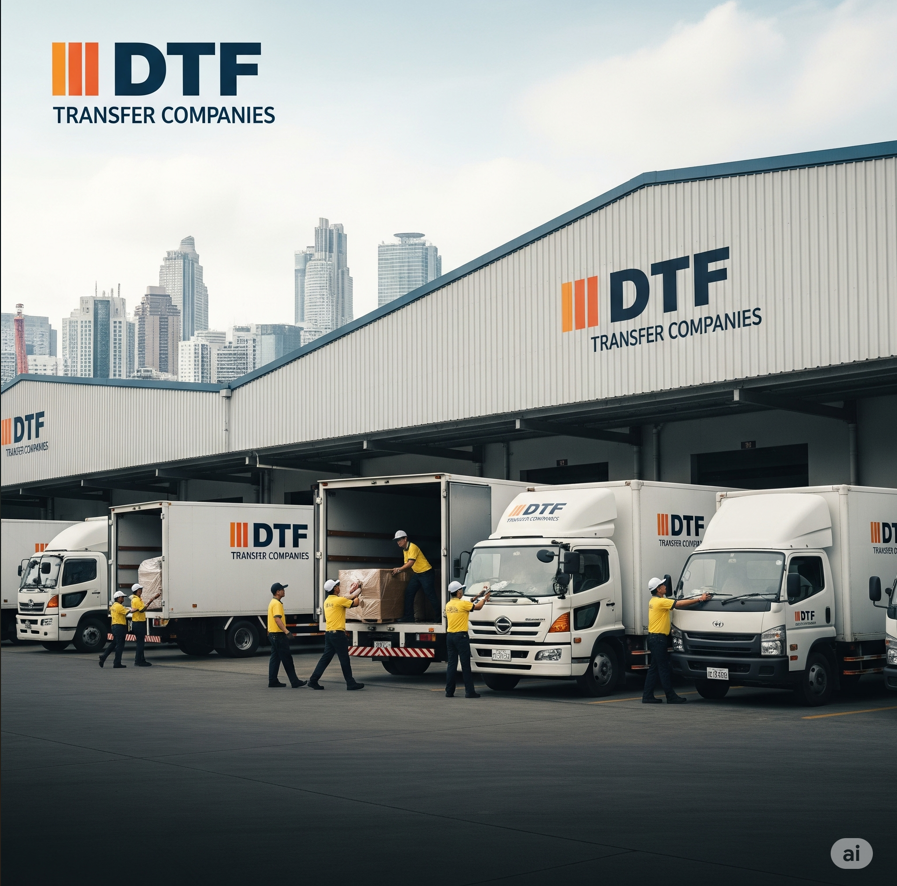 DTF Transfer Companies trucks and workers at warehouse, city skyline in background