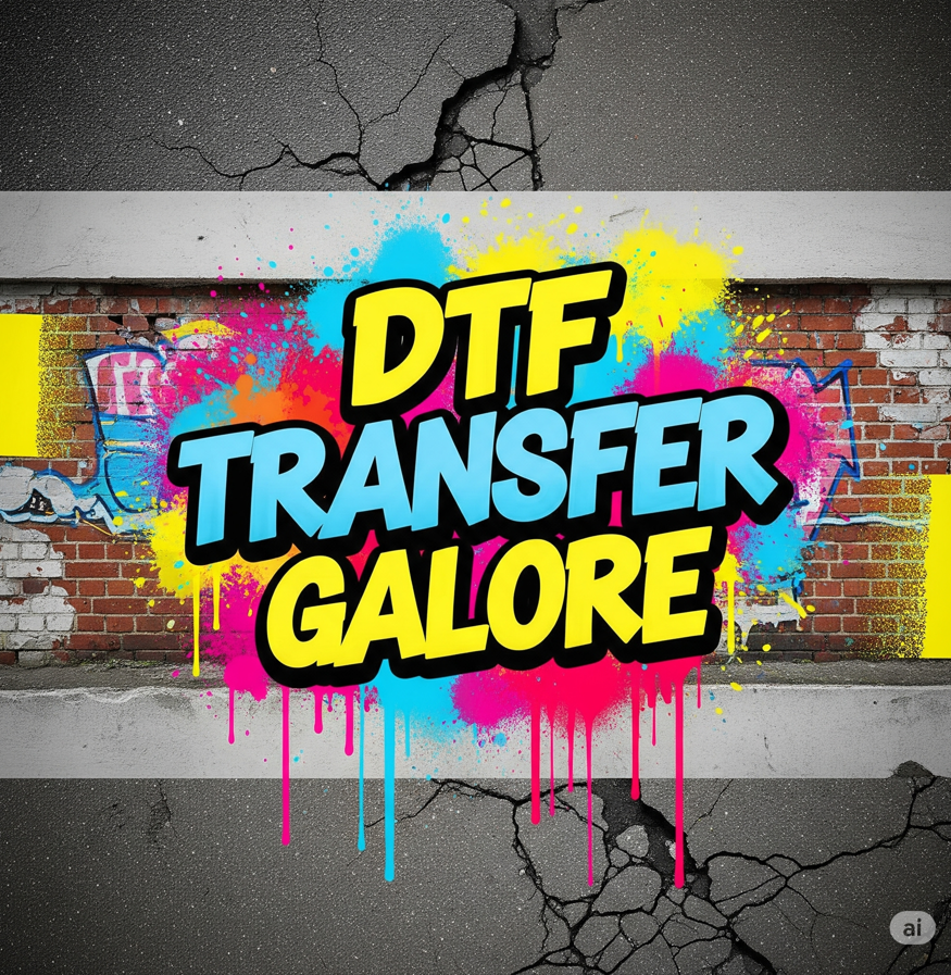 DTF Transfer Galore graffiti text on brick wall with colorful paint splashes, cracked pavement.