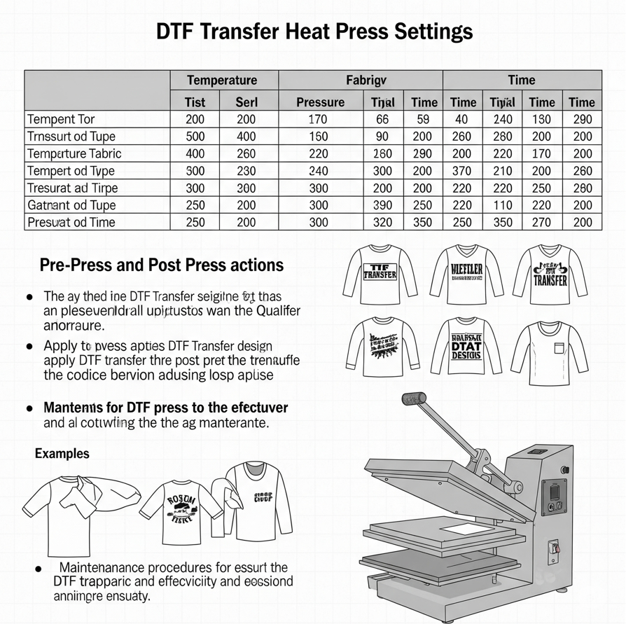 DTF transfer heat press settings chart with illustrated shirts and heat press machine