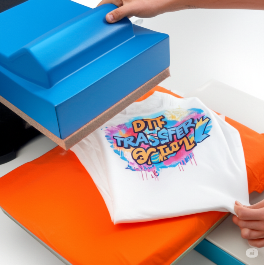 Press machine applying colorful DTF transfer design onto a white t-shirt