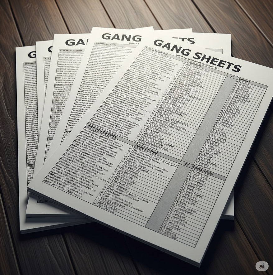 Stack of printed DTF gang sheets with detailed text on a wooden table