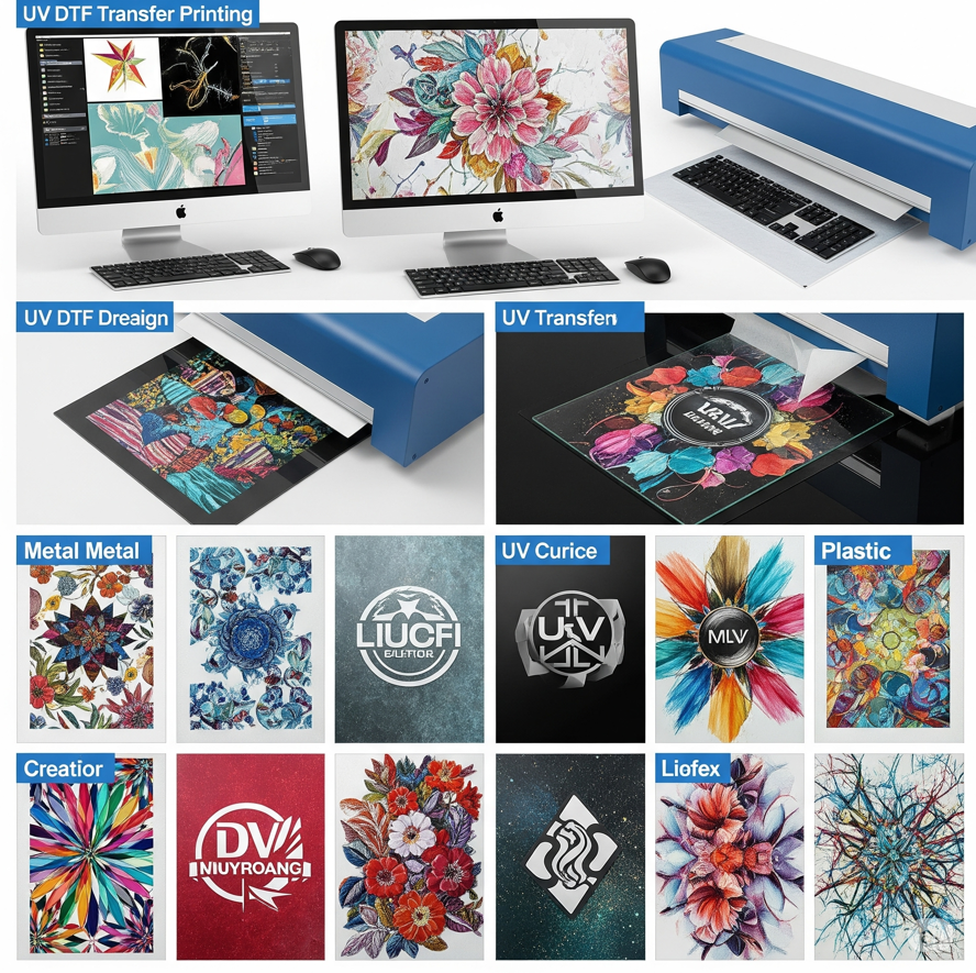 UV DTF transfer printing process and sample custom DTF transfer designs on various surfaces