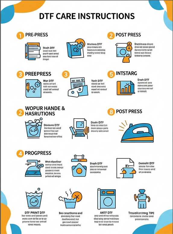 DTF care instructions infographic with icons and text steps for DTF transfer maintenance.