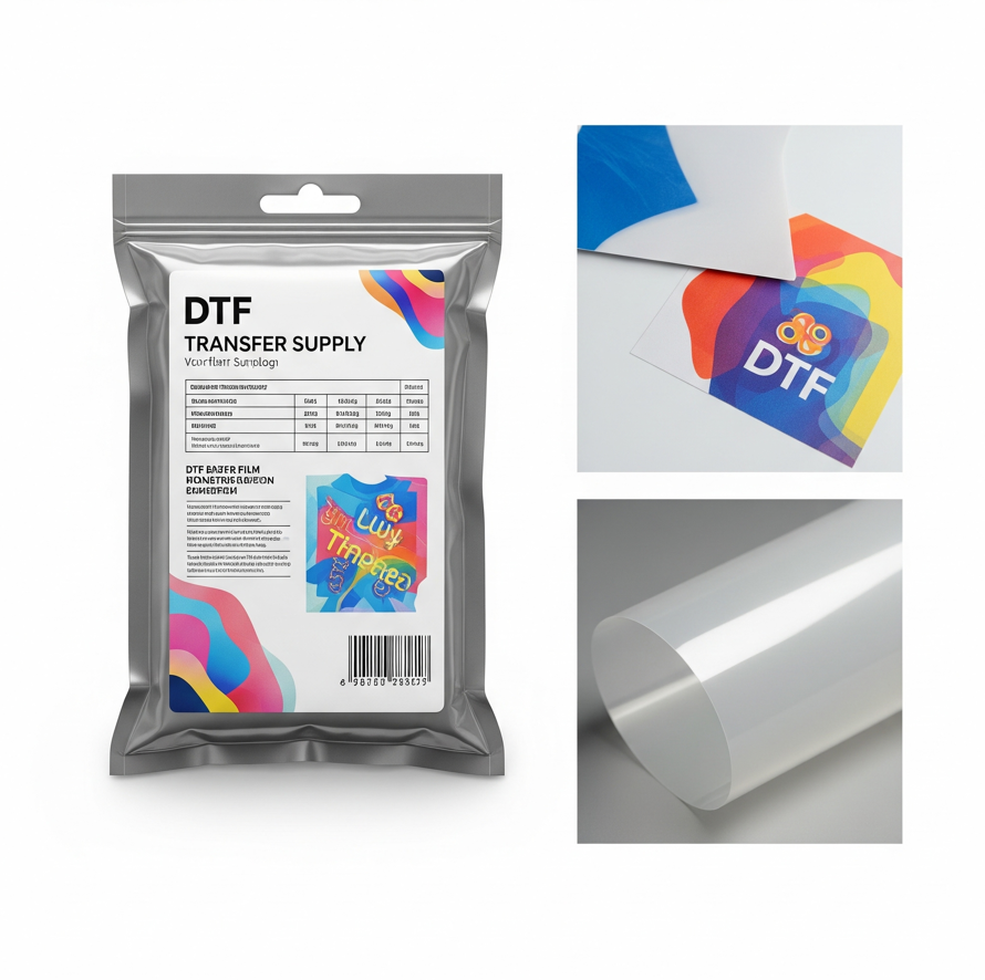 DTF transfer film supply package with colorful UV DTF transfer sheets and clear film roll.