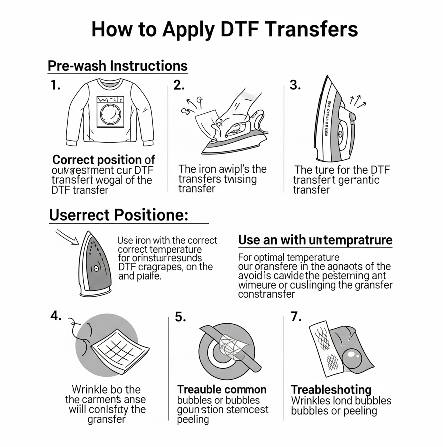 Step-by-step guide with illustrations for applying DTF transfers using an iron on fabric.