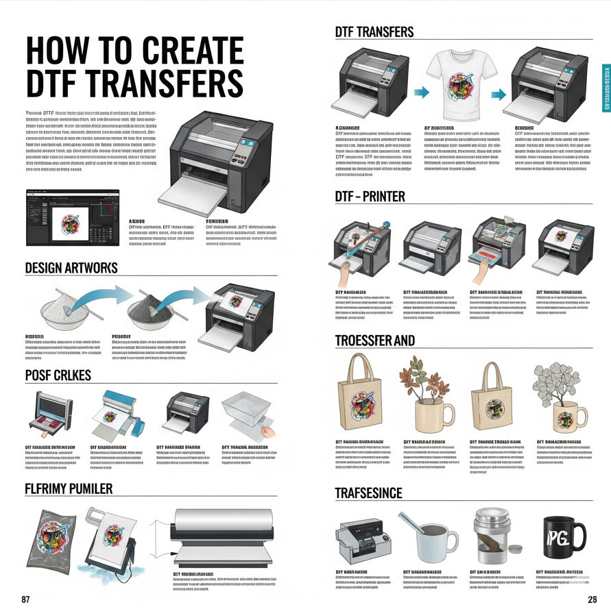 Step-by-step guide showing how to create DTF transfers with illustrations of printers, transfer sheets, and finished printed products like t-shirts and mugs.