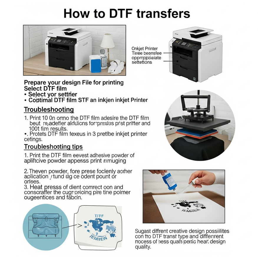 Step-by-step guide for DTF transfers with images of printer, heat press, and film application.