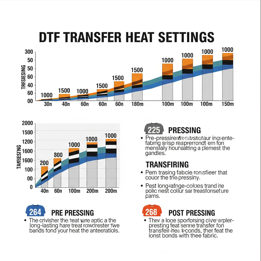 DTF transfer heat settings chart with bar graphs and pressing instructions for pre pressing, pressing, and post pressing stages.