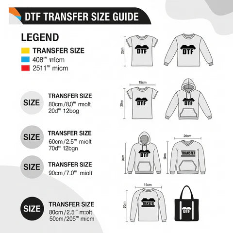 DTF transfer size guide chart showing transfer sizes for T-shirts, hoodies, tote bags, and color-coded legend.
