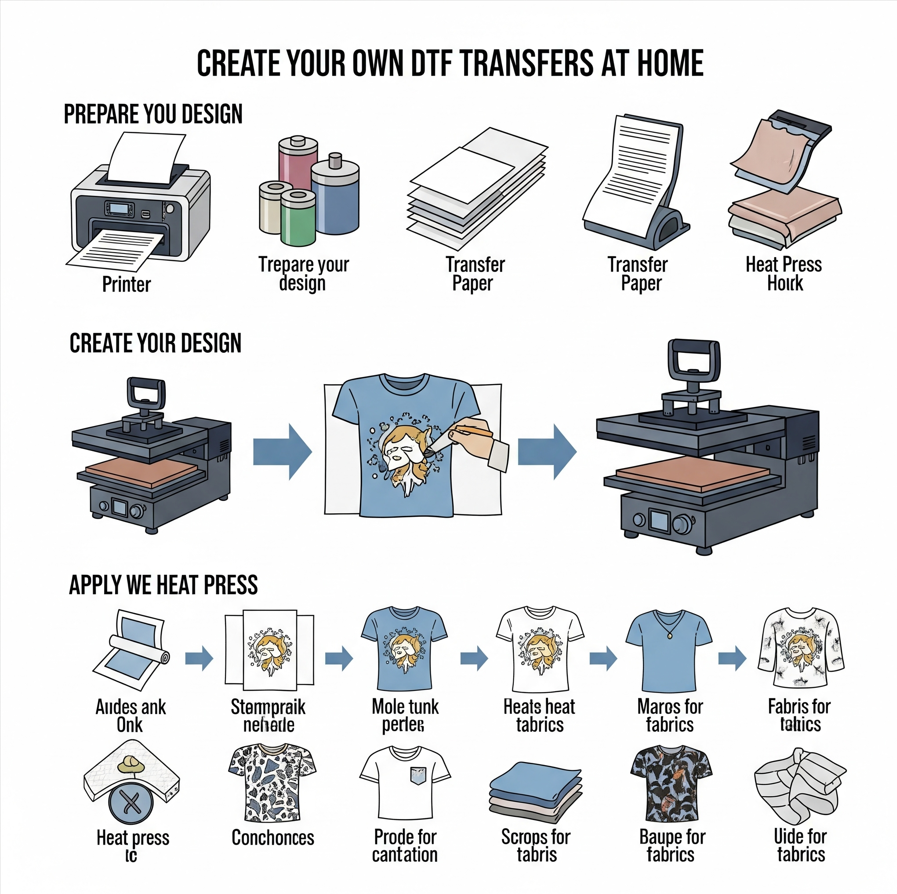 Step-by-step guide to creating DTF transfers at home, including printer, transfer paper, heat press, and applying designs to shirts and fabrics.