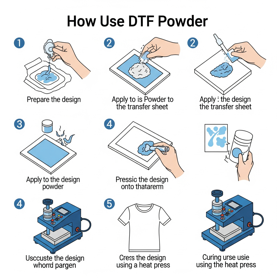 Step-by-step DTF powder application guide with illustrated process and heat press machine.