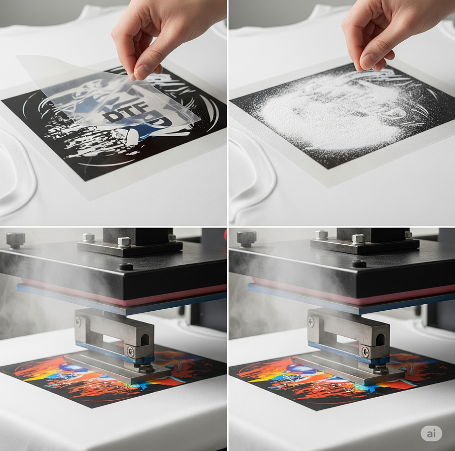 DTF transfer process on a T-shirt, showing application, powder, and heat press steps