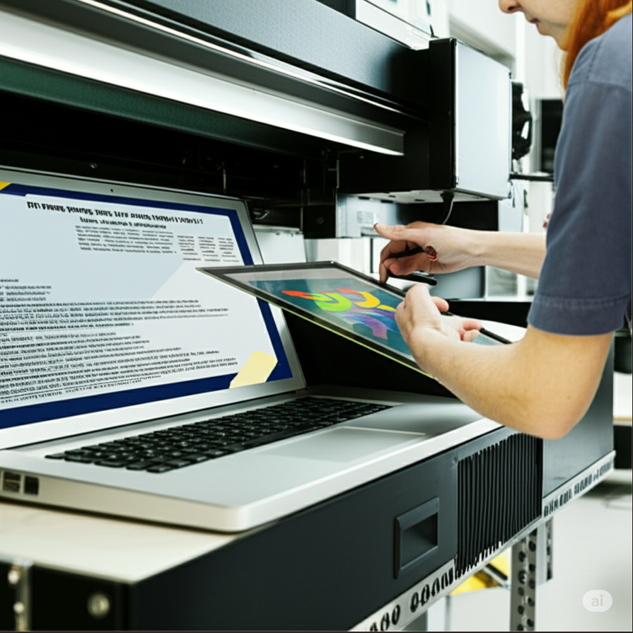 Operator designs colorful graphic on tablet for DTF transfer printing beside large printer