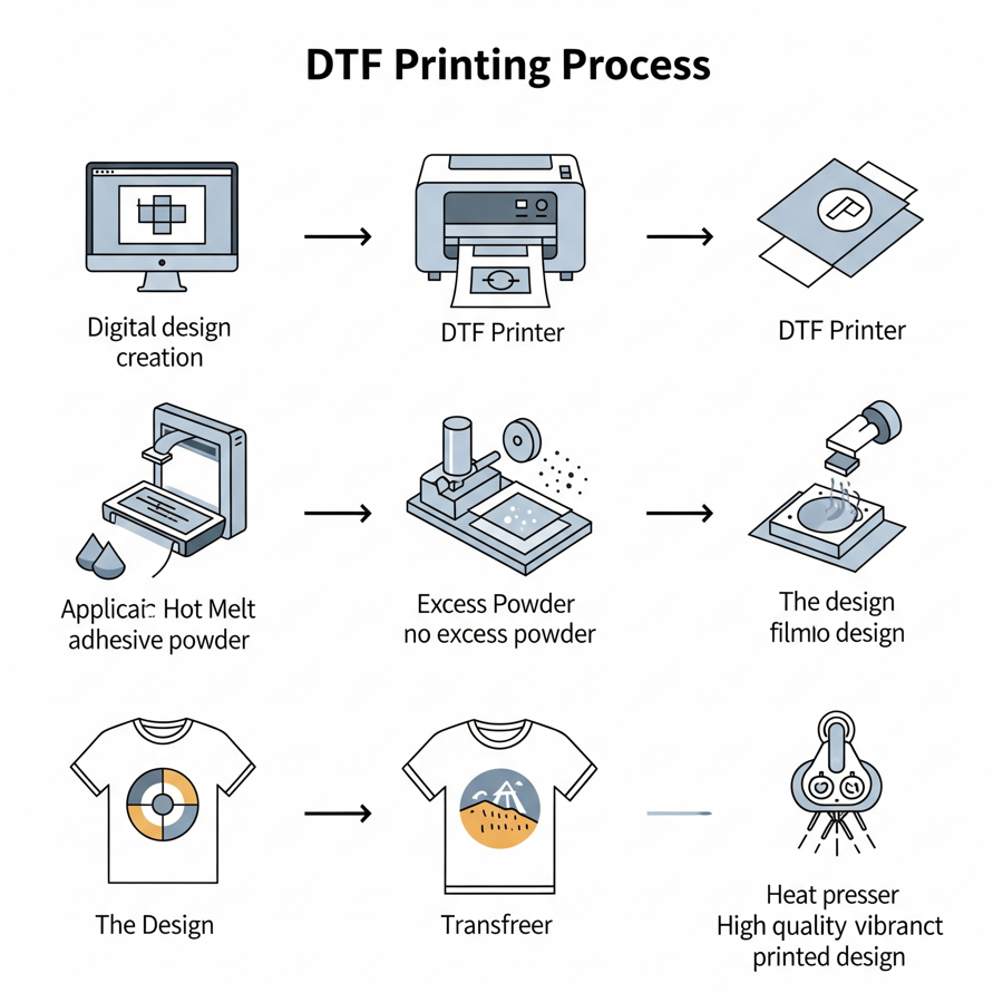 Step-by-step DTF printing process infographic featuring digital design, printer, powder application, transfer, and printed t-shirt.