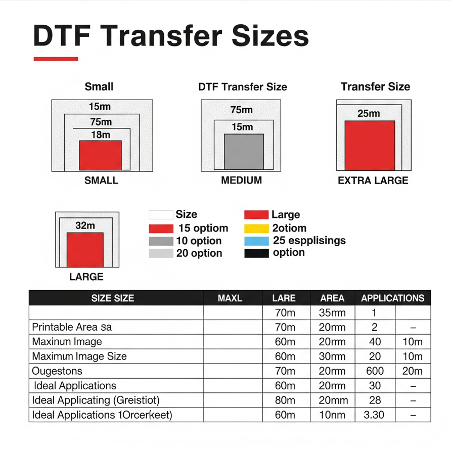 DTF transfer sizes chart showing small, medium, large, and extra large options with dimensions and color-coded area guide.
