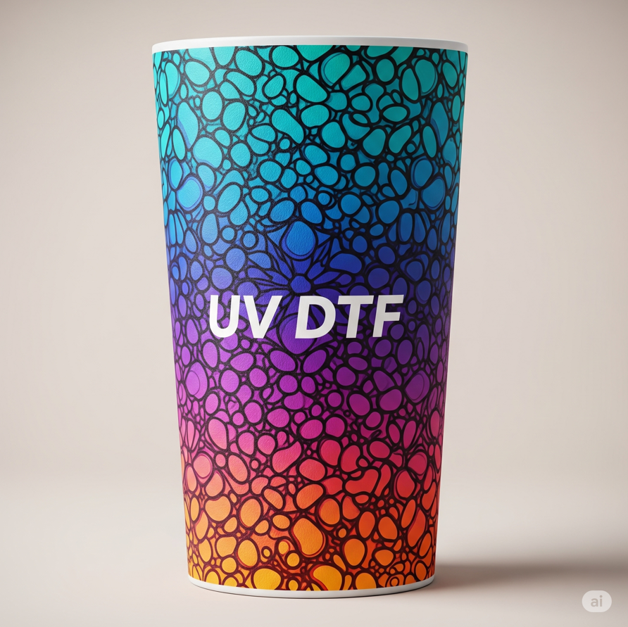 Colorful tumbler with vibrant UV DTF transfer design and abstract patterns