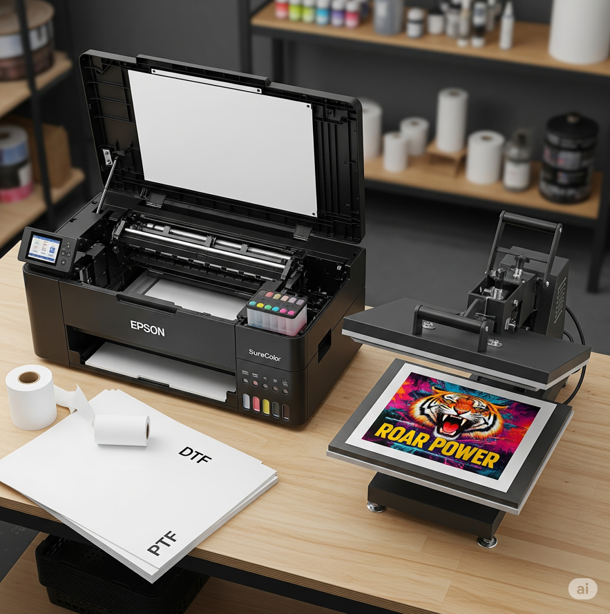 DTF printer and heat press machine creating vibrant custom transfer with tiger design