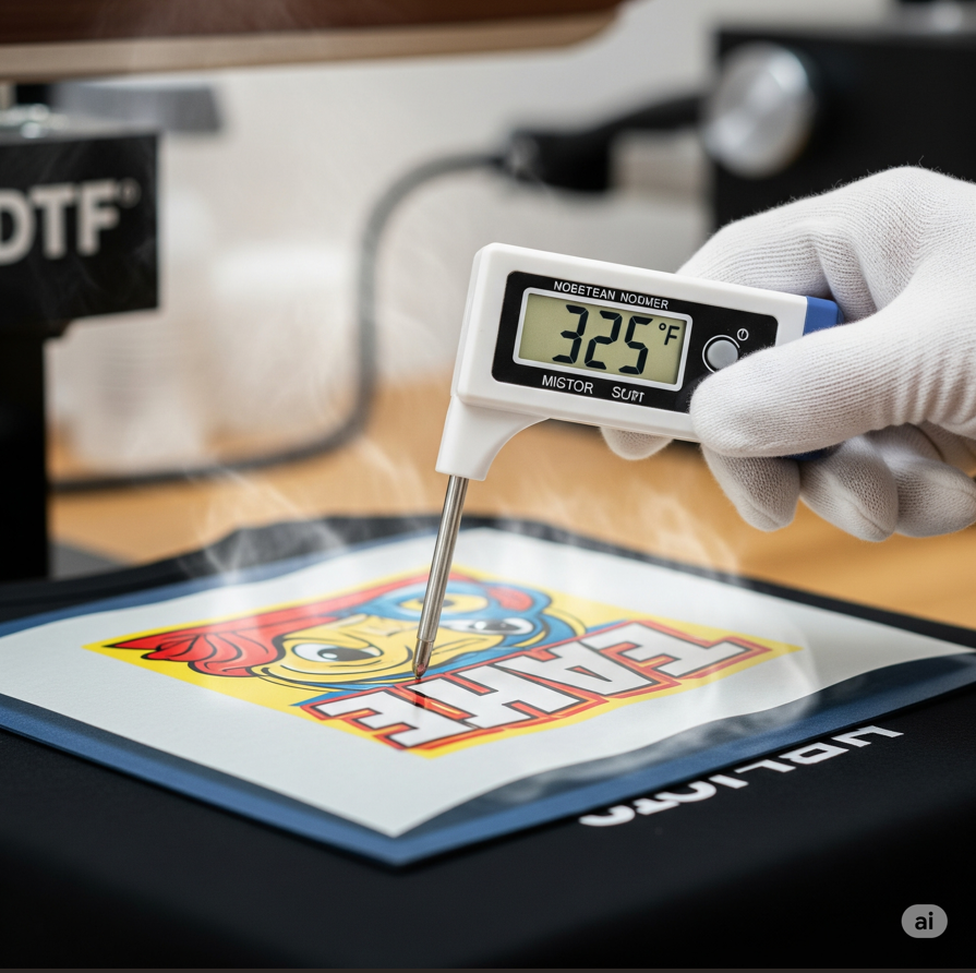 Gloved hand measuring temperature of a colorful DTF transfer print at 325°F on heat press.