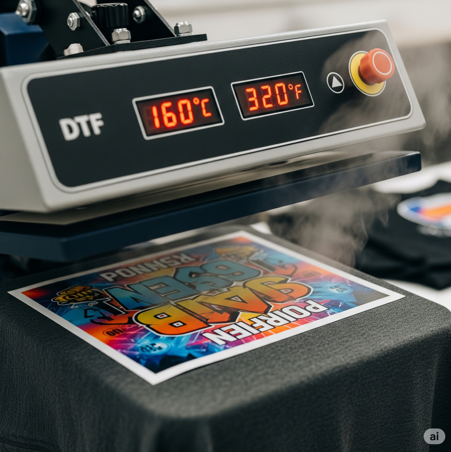 DTF transfer pressing vibrant custom design onto shirt with heat press machine